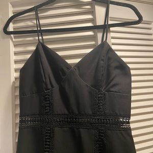 AQUA Midi length, fit and flare black dress with adjustable straps